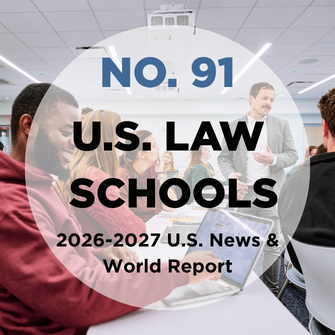 Photo of students working with text that says "NO 91 US LAW Schools"