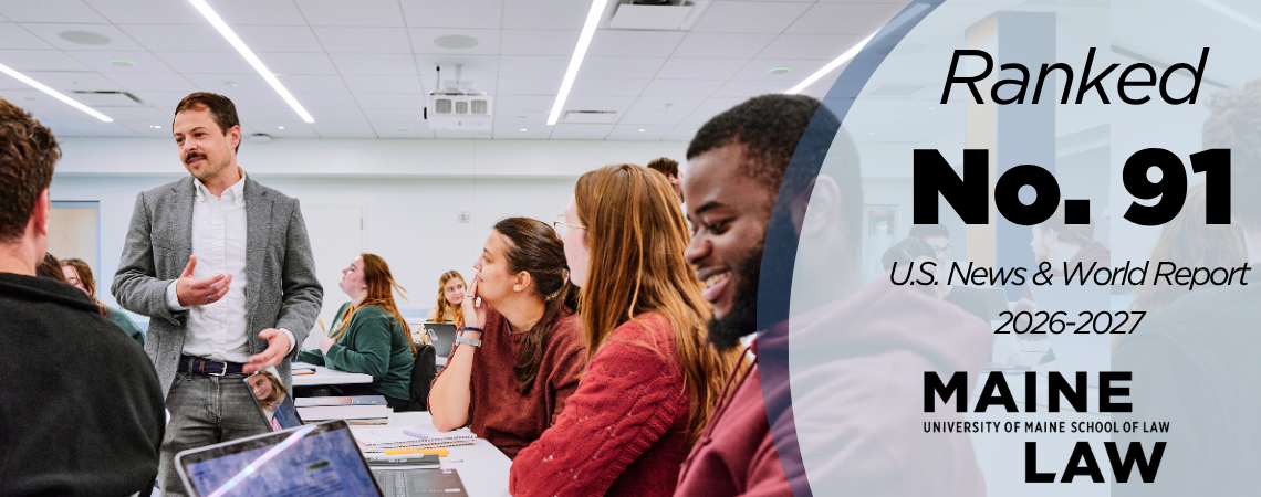 Photo of professor teaching in Moot Court Classroom with text that says: Ranked 91 US News and World Report 2026-2027"