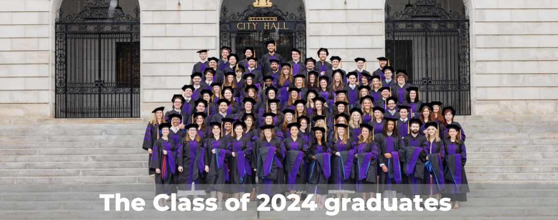 Photo of the Class of 2024 standing on the steps of Portland City Hall. Title says "The Class of 2024 graduates)